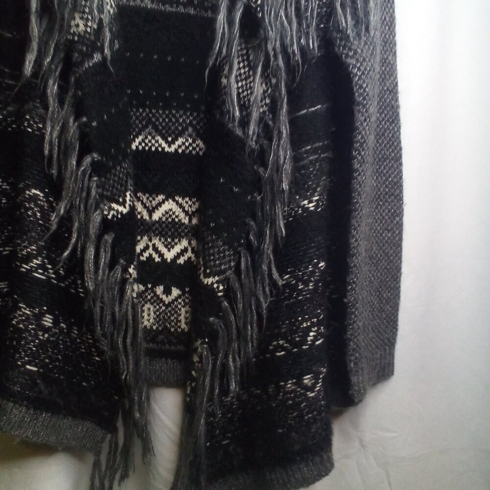 Vintage America Cardigan Sweater M Open Front Fringe Long Sleeve Black White - Picture 5 of 14